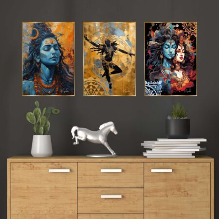 Set of Three Wall Paintings for Wall Dacoration Golden Framed Wall Paintings for Living Room & Bedroom Wall Art for Home Decoration & Office Wall Décor (18x12 inch CH-GD3-2)